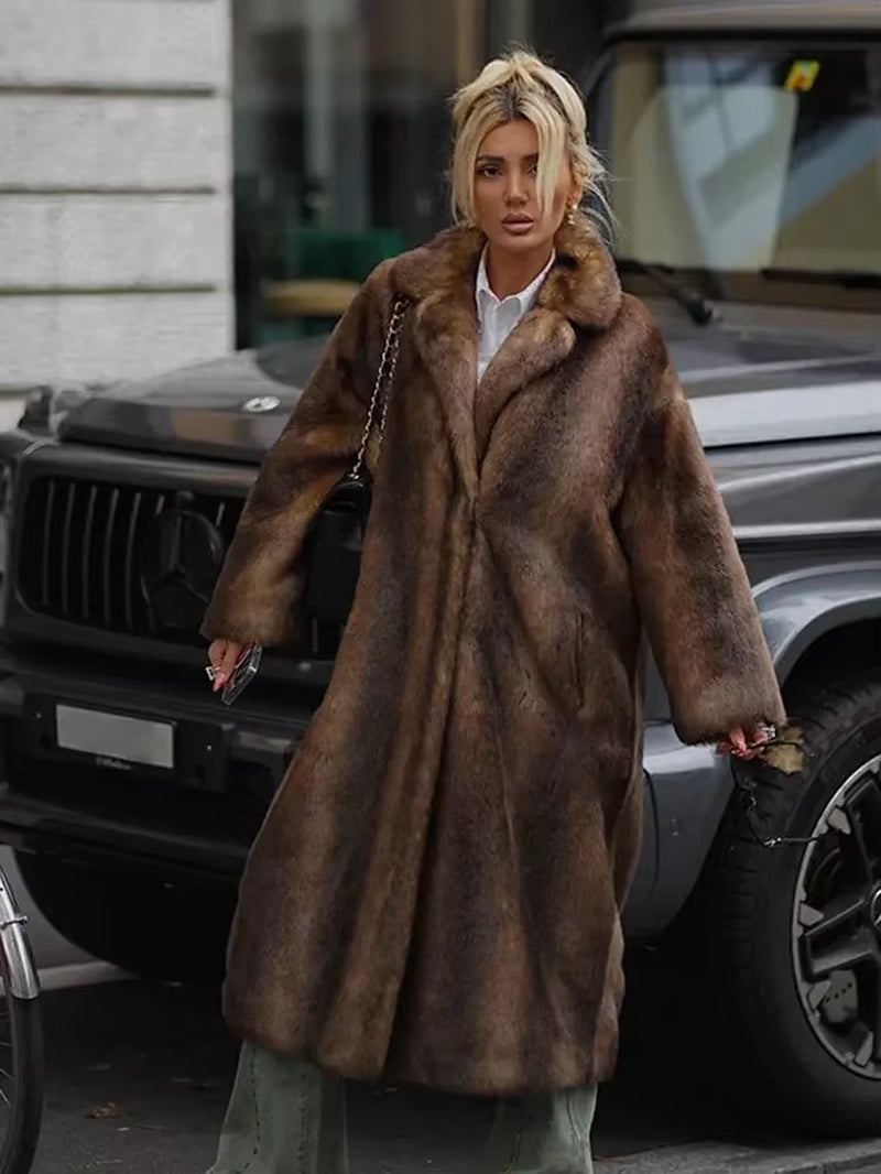 Women'S Dark Brown Faux Fur Long Overcoat Single Breasted Fleece Long Trench Coat Winter Fluffy Plush Warm New Thicken Outerwear